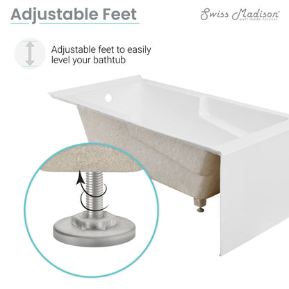 Alcove bathtub 60 x 32 inch with left hand drain and corner apron, adjustable feet.