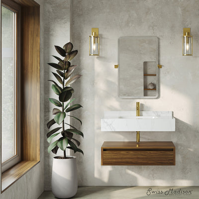 Avancer 36" Wall-Mounted Bathroom Vanity in Brown Oak with White Marble Sink Top