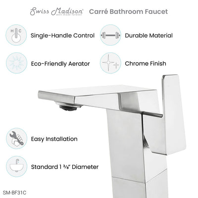 Carre Single Hole, Single-Handle, High Arc Bathroom Faucet in Chrome