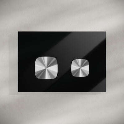 Verre Wall Mount Dual Flush Glass Actuator Plate in Glossy Black with Silver Flush Buttons