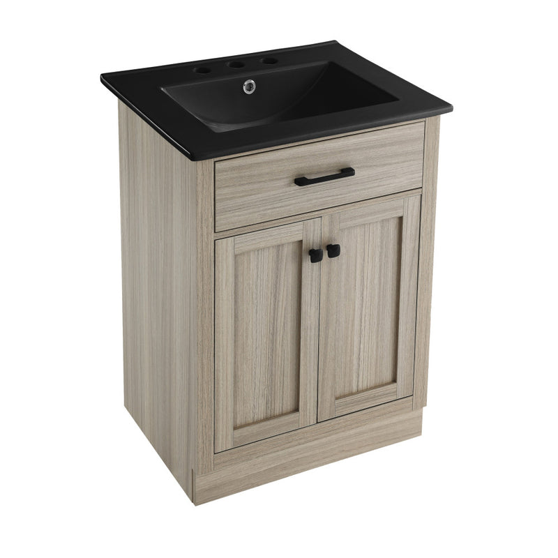 Burdon 24 in. Brown Oak Bathroom Vanity With Black, 3-Hole Ceramic Sink Top