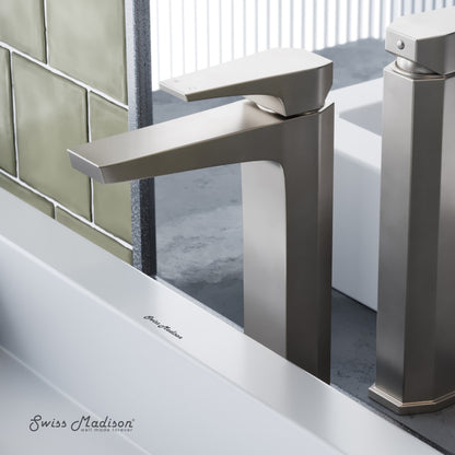 Single-handle high arc bathroom faucet in brushed nickel with sleek angular design.