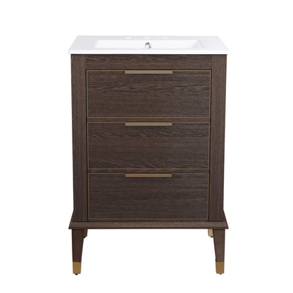 Hugo 24 in. Brown Oak Bathroom Vanity With White, 3-Hole Ceramic Sink Top