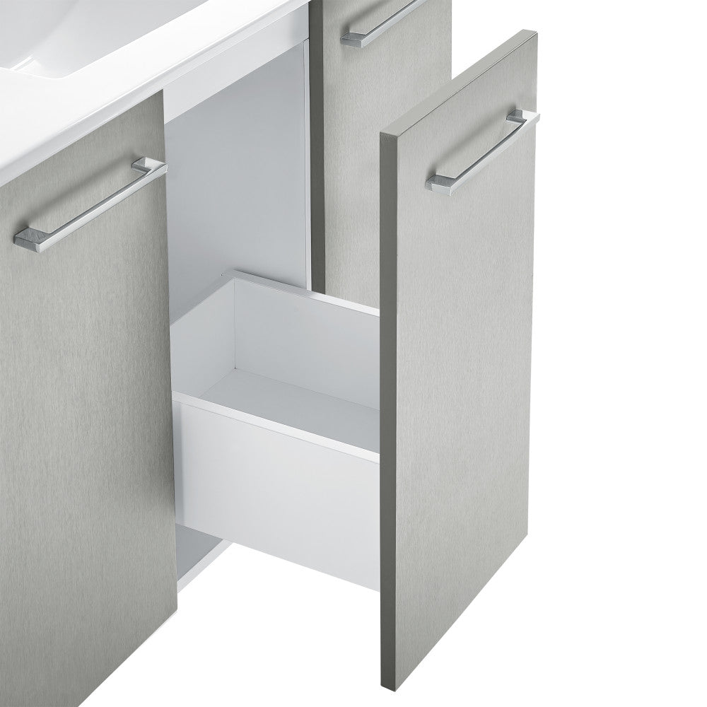 36-inch freestanding gray bathroom vanity with single sink and metal handles, soft-close doors.