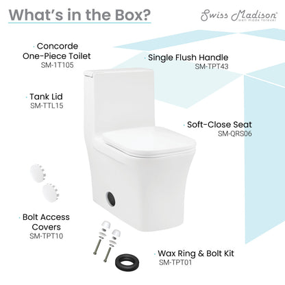 Elongated one-piece toilet with right side flush handle and soft-close seat.