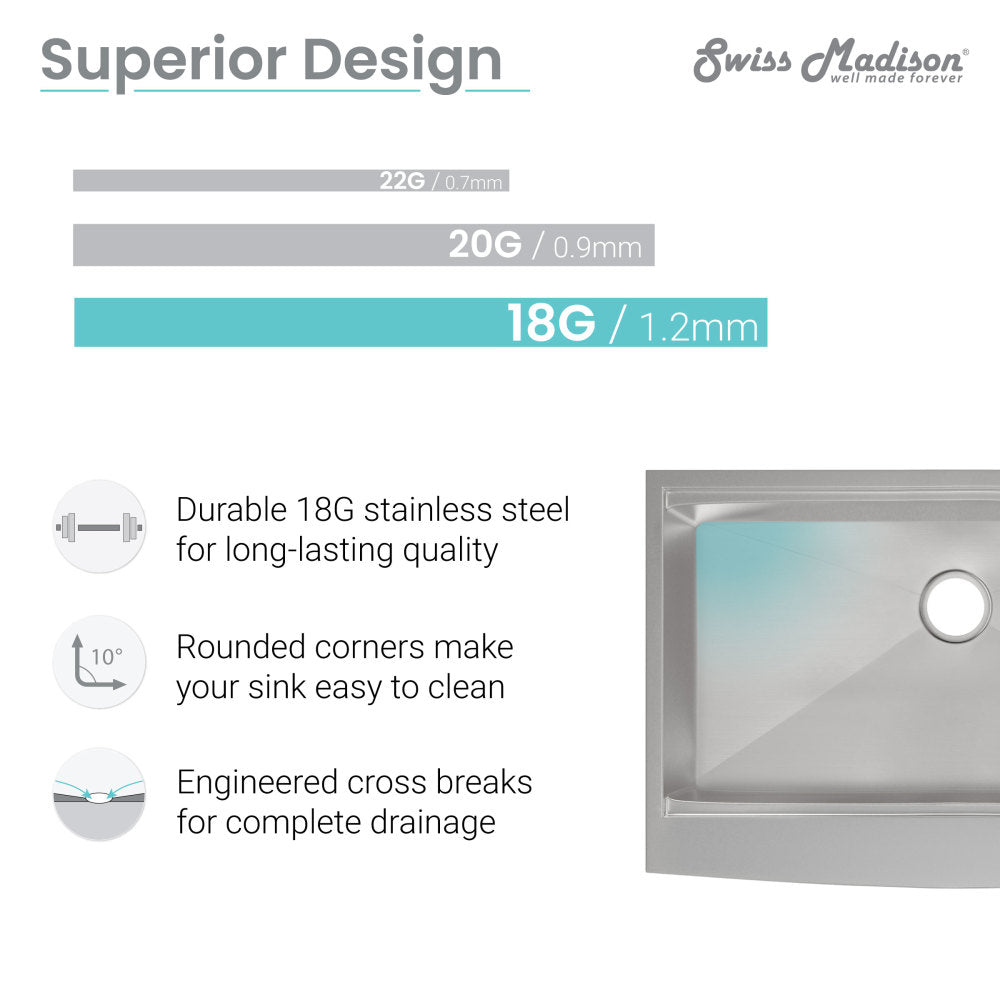 33 x 22 apron front farmhouse kitchen sink, single basin, durable 18G stainless steel, rounded corners, engineered cross.