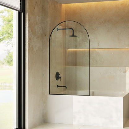 Porte 34 x 58 Framed Fixed 3/8 in. (10mm) Clear Tempered Glass Tub Door with Black Matte Frame