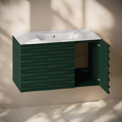 Cascade 36" Wall-Mounted Bathroom Vanity in Green Oak with Sink Top