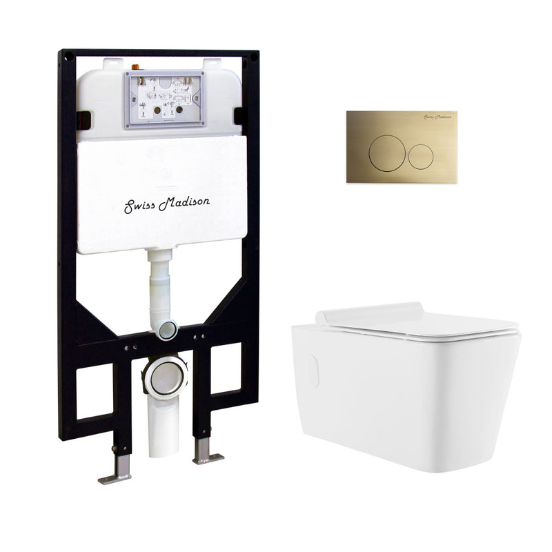 Concorde Wall-Hung Toilet Bundle 0.8/1.6 GPF Dual Flush in Glossy White with Brass Flush Plate