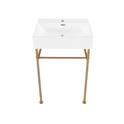 Claire 24 Ceramic Console Sink White Basin Brushed Gold Legs