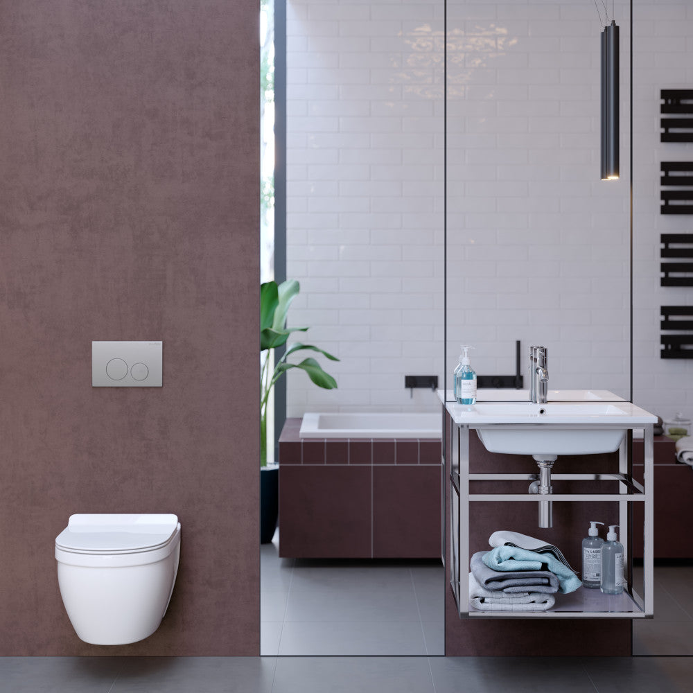Glossy white wall-hung toilet with elongated bowl and 0.8/1.6 GPF dual flush system.