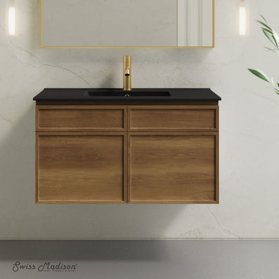 St. Tropez 36" Wall-Mounted Bathroom Vanity in Brown Oak with Black Sink Top