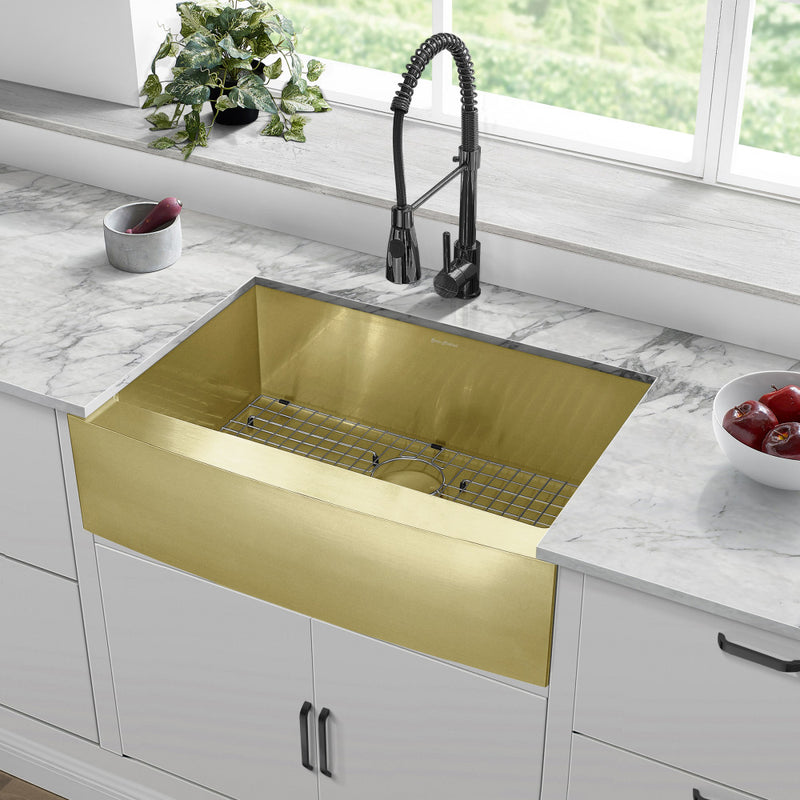 Rivage 30 x 21 Stainless Steel, Single Basin, Farmhouse Kitchen Sink with Apron in Gold