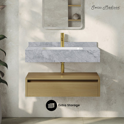 Avancer 36" Wall-Mounted Bathroom Vanity in Natural Oak with Storm Gray Sink Top
