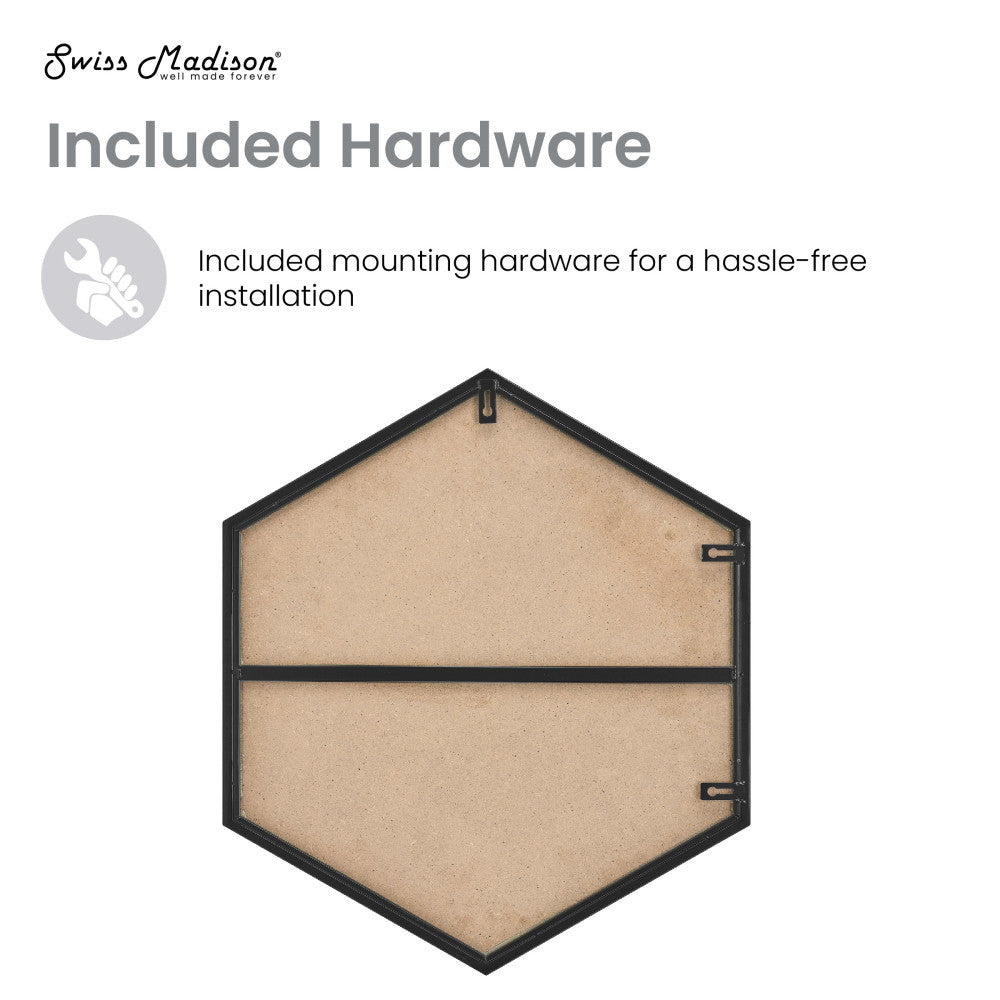 19-inch wall-mounted vanity mirror in phantom black with hexagonal shape and minimalist frame.