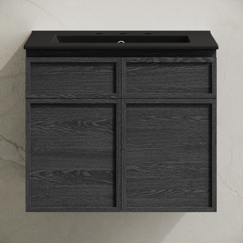 St. Tropez 24" Wall-Mounted Bathroom Vanity in Black Oak with Black 3-Hole Widespread Sink Top