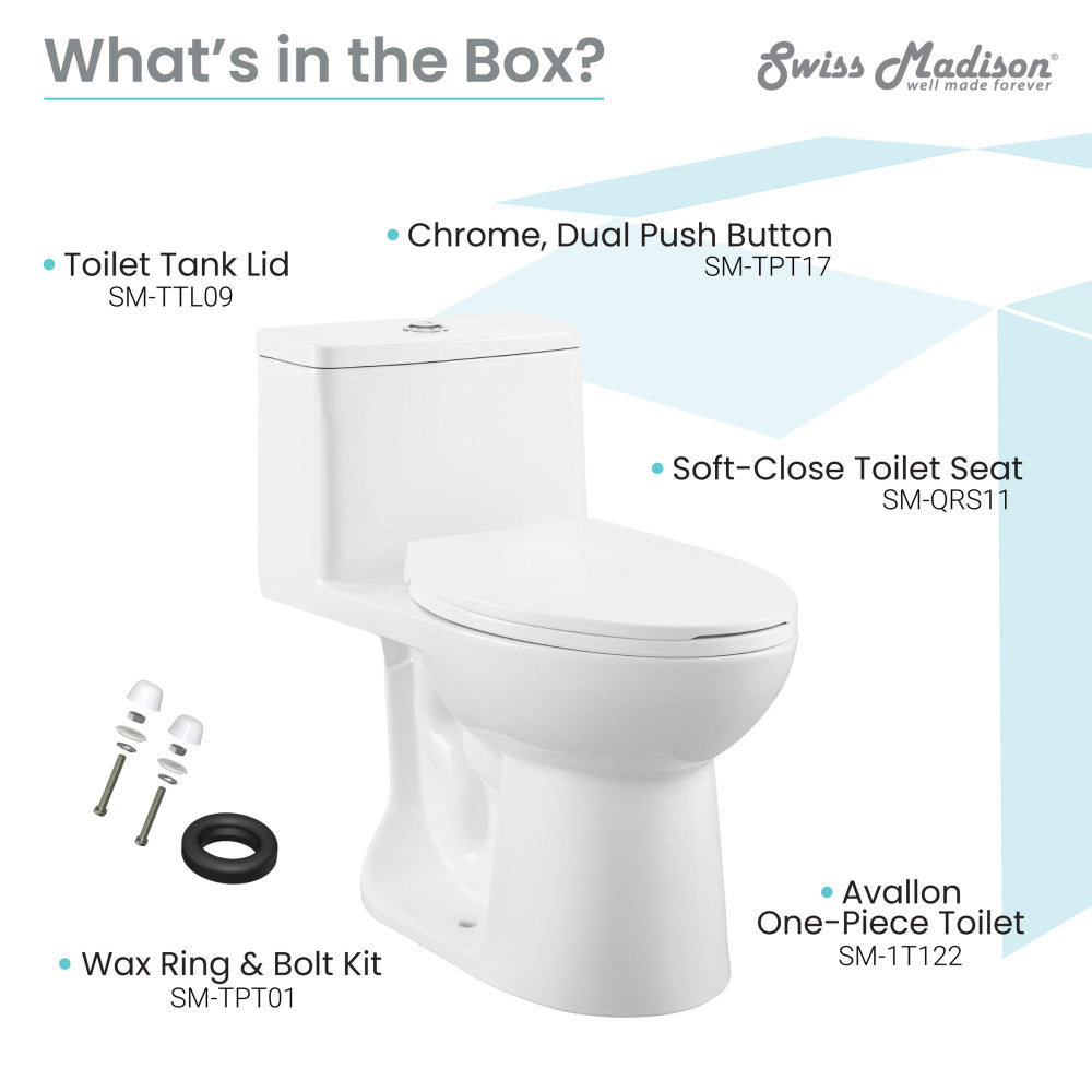 Elongated one-piece toilet with dual flush and soft-close seat in white porcelain.