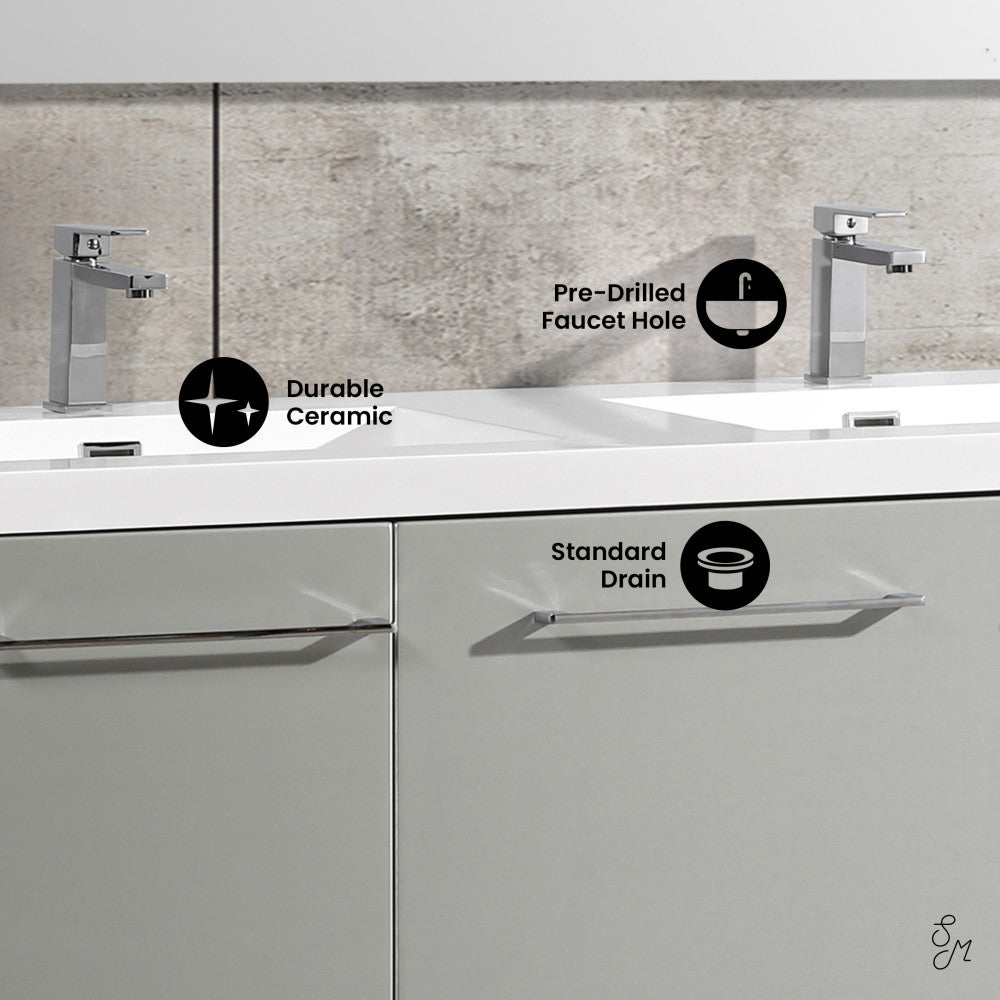 60-inch freestanding gray bathroom vanity with single sink and chrome faucet, soft-close doors.