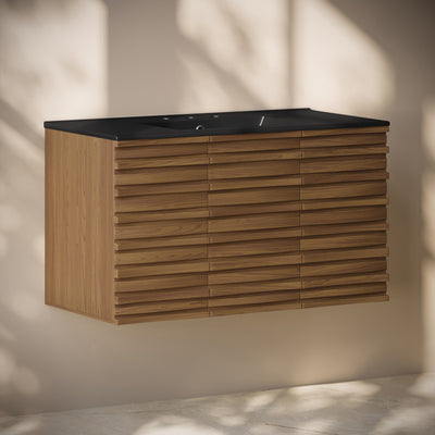 Cascade 36" Wall-Mounted Bathroom Vanity in Brown Oak with Black 3-Hole Widespread Sink Top