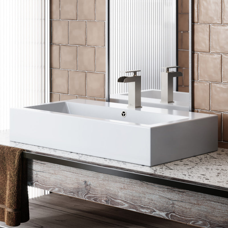 Voltaire 32" Rectangle Vessel Sink in Glossy White with Faucet Mount