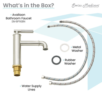 Single-handle bathroom faucet in brushed nickel with curved spout and metal and rubber washers included.