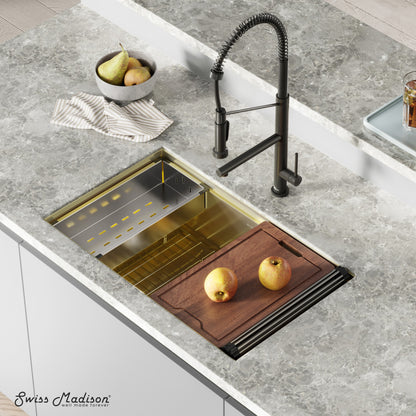 32" stainless steel undermount kitchen sink in polished gold with integrated workstation features.