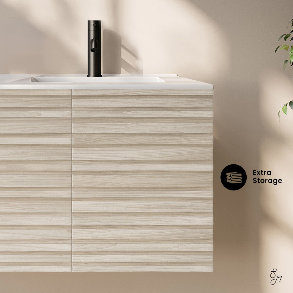 Cascade 48" Wall-Mounted Bathroom Vanity in White Oak with Double Basin Sink Top