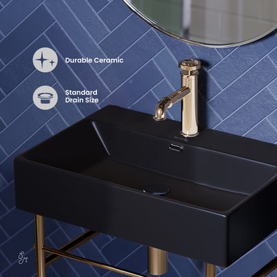 Claire 24 Ceramic Console Sink Matte Black Basin Gold Legs