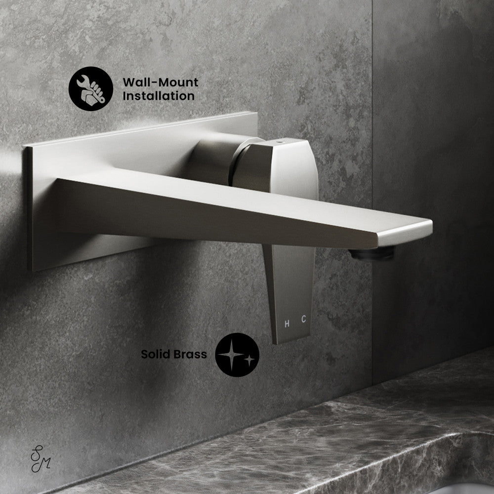 Wall-mount single-handle bathroom faucet in brushed nickel with sleek modern design and rectangular spout.