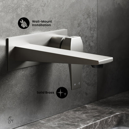 Wall-mount single-handle bathroom faucet in brushed nickel with sleek modern design and rectangular spout.
