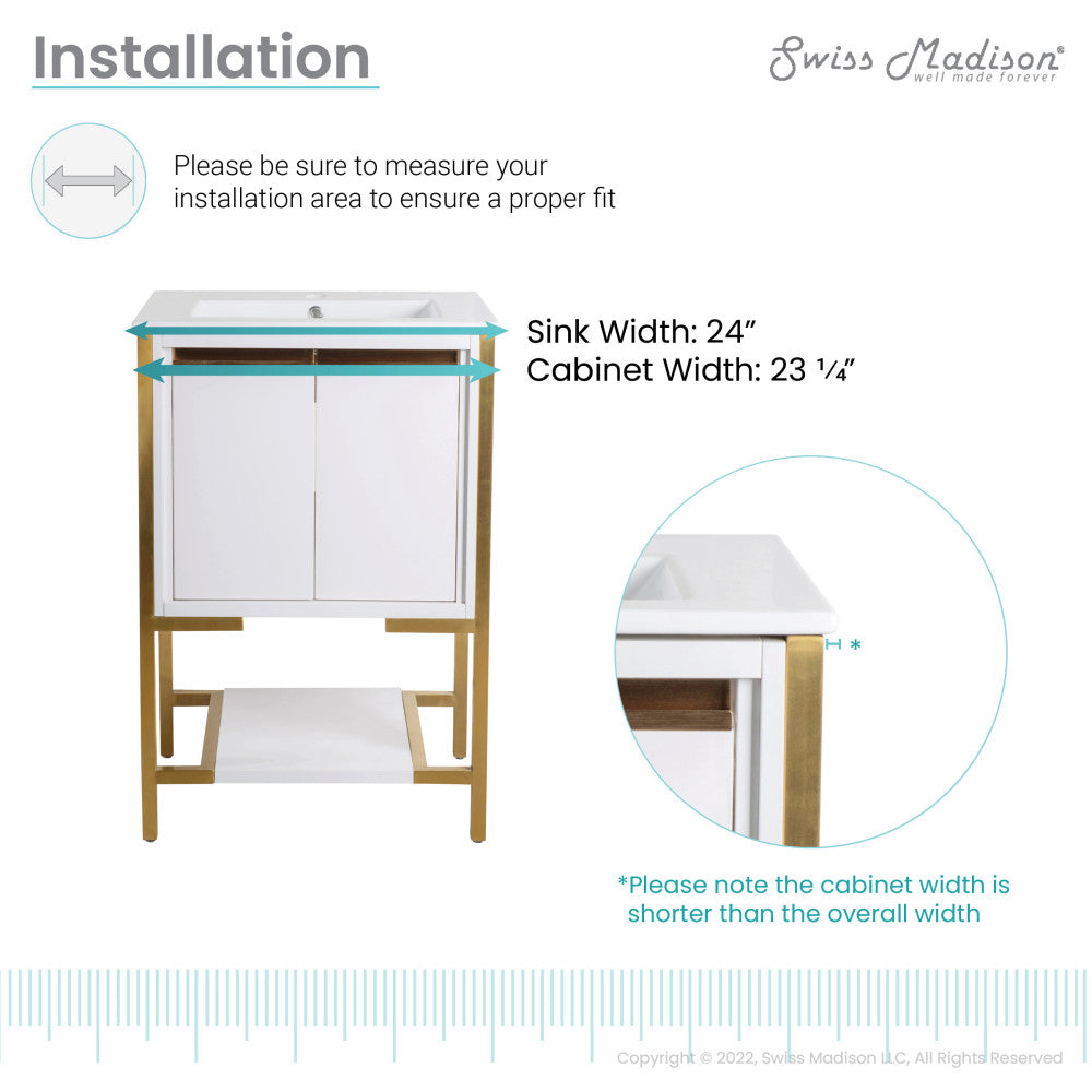 24-inch freestanding white bathroom vanity with brushed gold frame and soft-close doors.