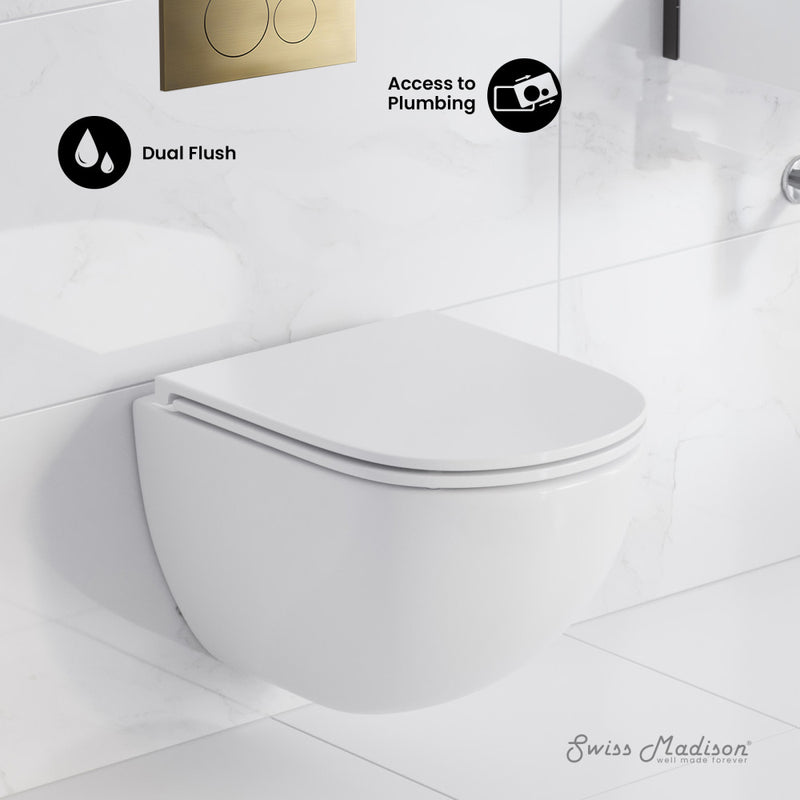 St. Tropez Wall-Hung Toilet Bundle 0.8/1.6 GPF Dual Flush in Glossy White with Brass Flush Plate