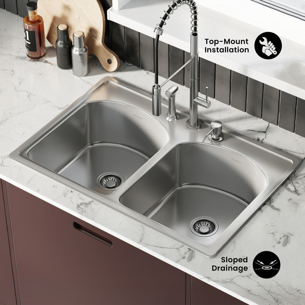 Ouvert 33 x 22 Stainless Steel, Dual Basin, Top-Mount Kitchen Sink