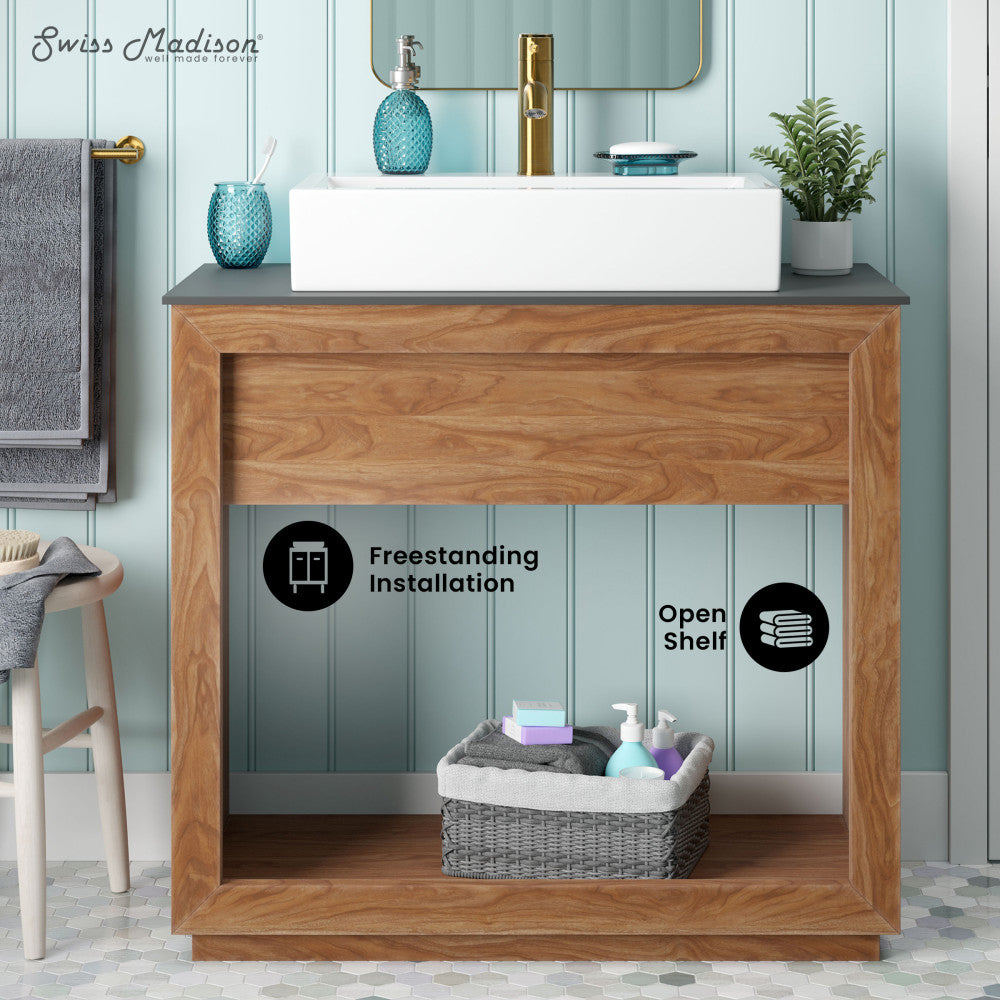 36-inch freestanding bathroom vanity in natural teak with open shelf and white rectangular sink top.
