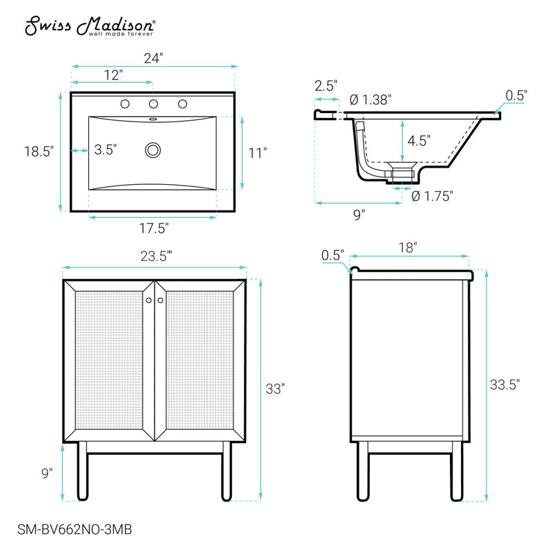 Classe 24" Freestanding Bathroom Vanity in Natural Oak with Black 3-Hole Centerset Sink Top