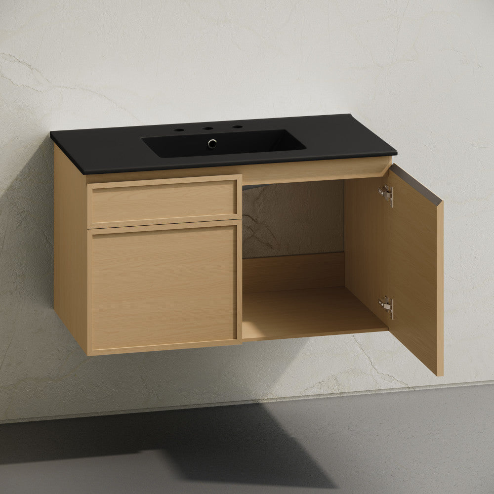 St. Tropez 36" Wall-Mounted Bathroom Vanity in Natural Oak with Black 3-Hole Widespread Sink Top
