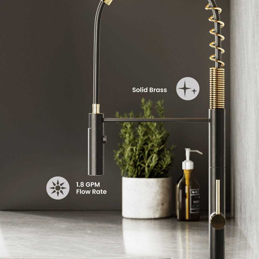 Chalet Single Handle, Pull-Down Kitchen Faucet in Brushed Gold and Black