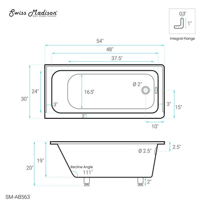 Voltaire 54 x 30 Right Drain Soaking Alcove Bathtub in Glossy White