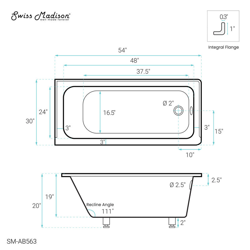 Voltaire 54 x 30 Right Drain Soaking Alcove Bathtub in Glossy White