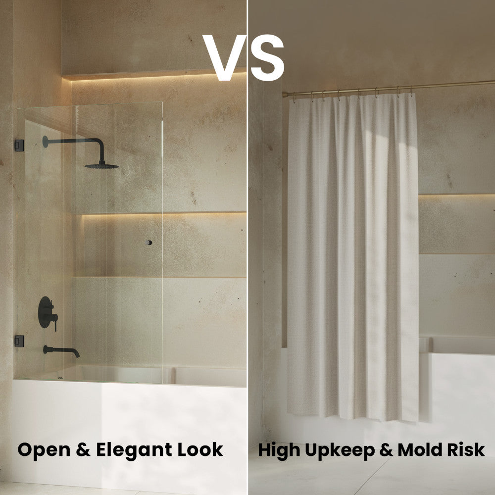 Voltaire 24 x 58 Frameless Pivot 3/8 in. (10mm) Ultra Clear Tempered Glass Tub Door with Matte Black Hardware