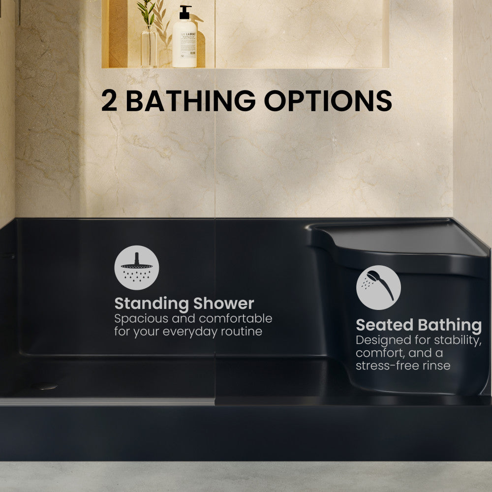 Aquatique 60" x 32" Left Drain, Shower Base in Matte Black