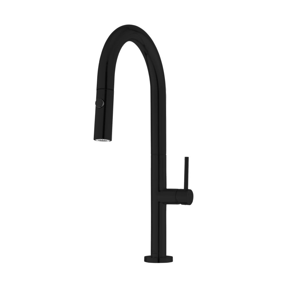 Pull-down kitchen faucet in matte black, single handle, high-arc spout, pull-down spray head.