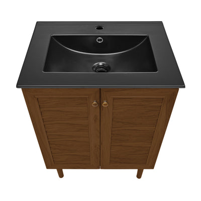 Bron 24" Freestanding Bathroom Vanity in Brown Oak with Black Sink Top