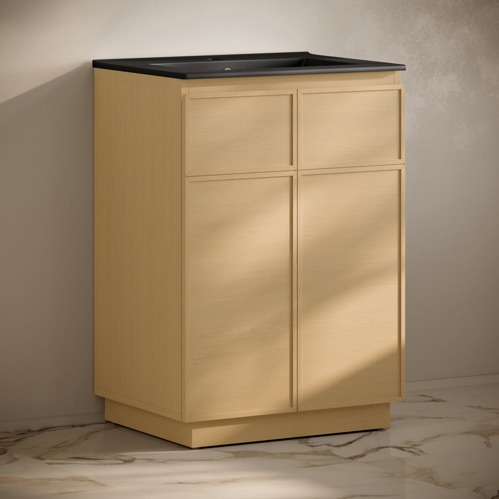 St. Tropez 24" Freestanding Bathroom Vanity in Natural Oak with Black Sink Top