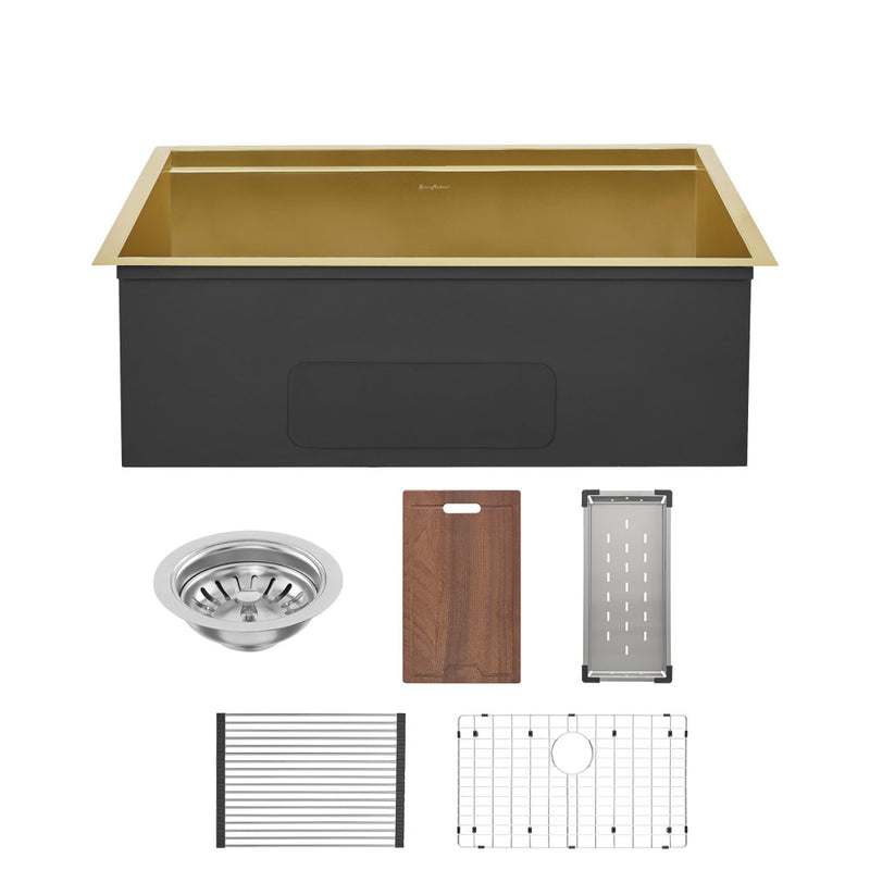 Tourner 30 x 19 Stainless Steel, Single Basin, Undermount Kitchen Workstation Sink in Gold