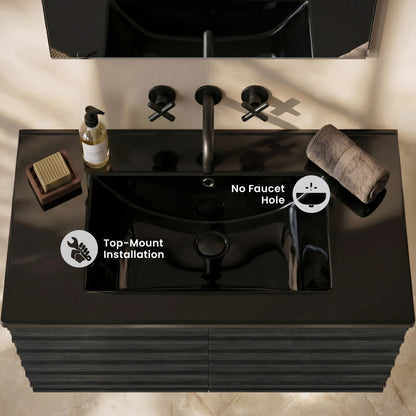 30" Zero Hole Vanity Sink Top in Glossy Black