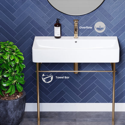 Carre 36 Ceramic Console Sink White Basin Gold Legs