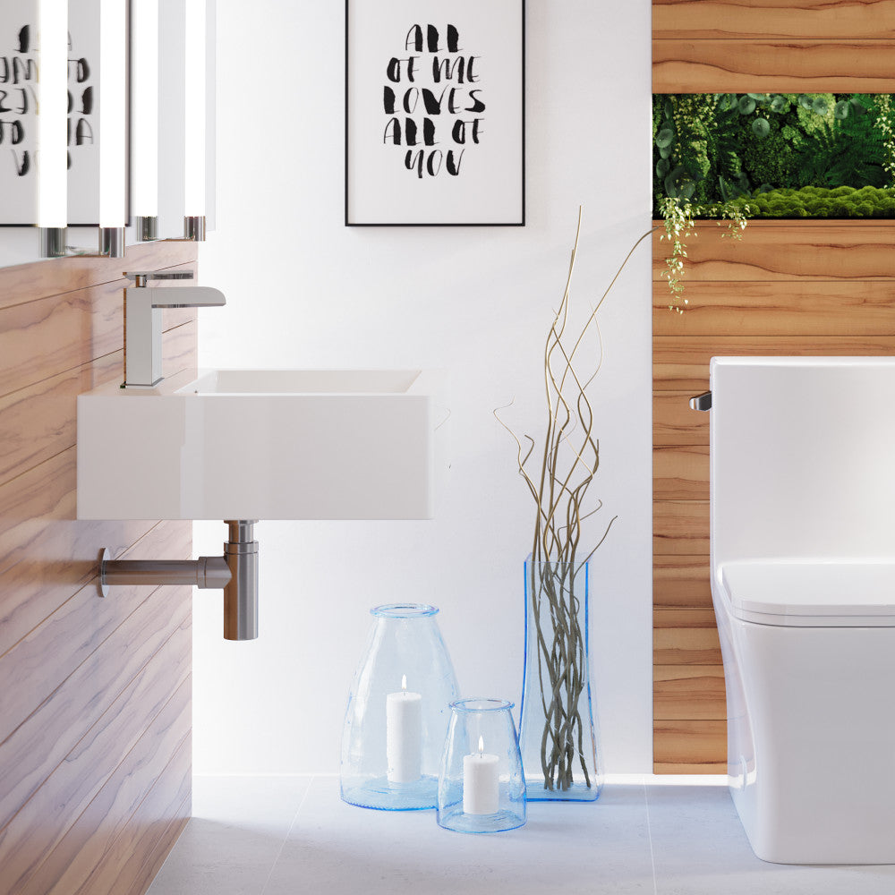 18-inch square white ceramic wall-mount sink with single-hole faucet installation.