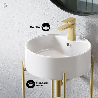 Monaco 16" Round Console Sink with Faucet Mount, White Basin Brushed Gold Legs