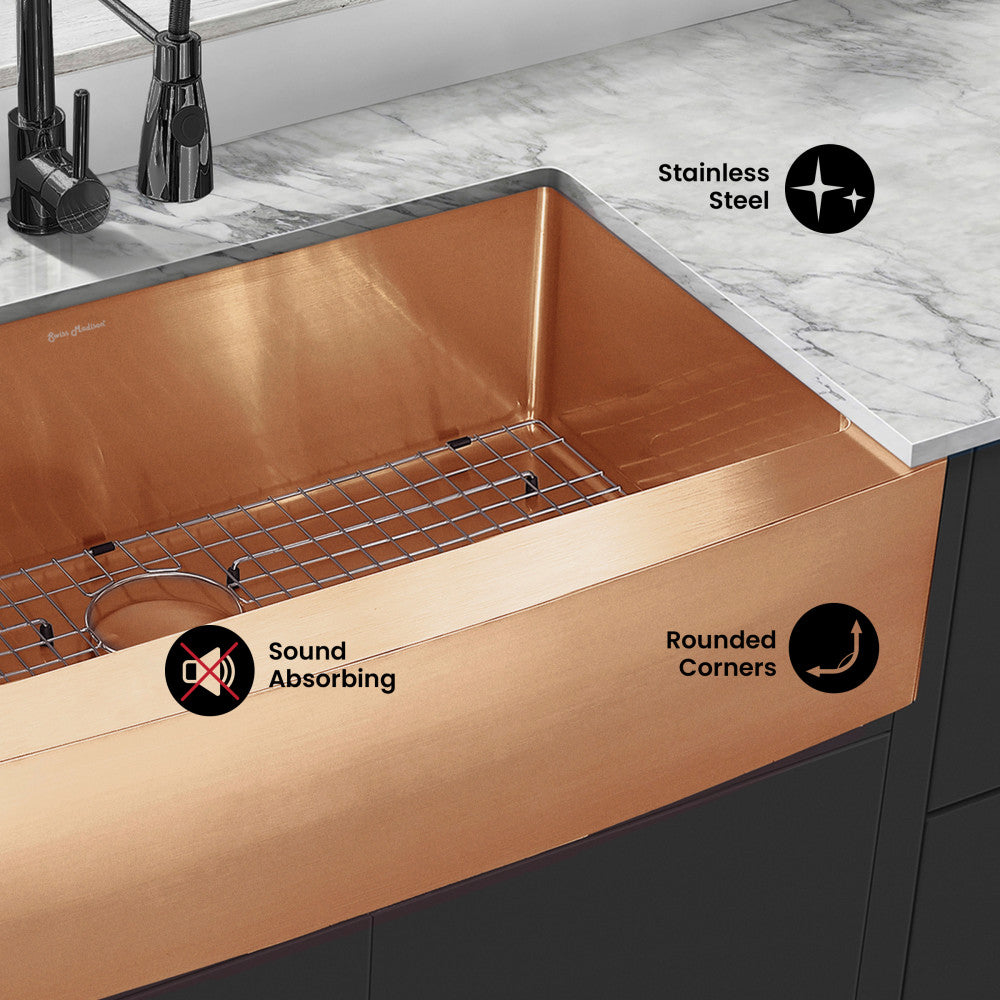 Rivage 36 x 21 Stainless Steel, Single Basin, Farmhouse Kitchen Sink with Apron in Rose Gold